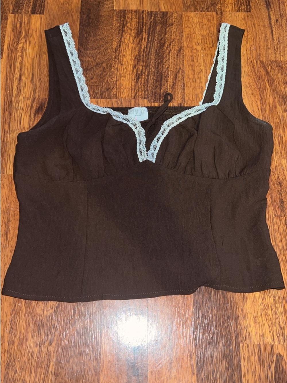 Sienna Sky Brown Tank with White Lace Trim